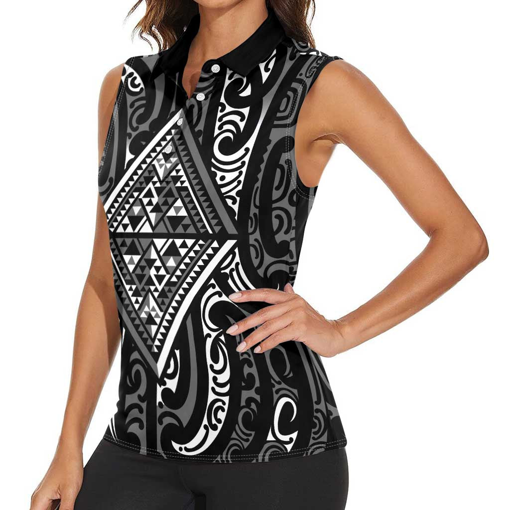 New Zealand Maori Taniko Women Sleeveless Polo Shirt Black Kowhaiwhai Puhoro LT9 - Polynesian Pride