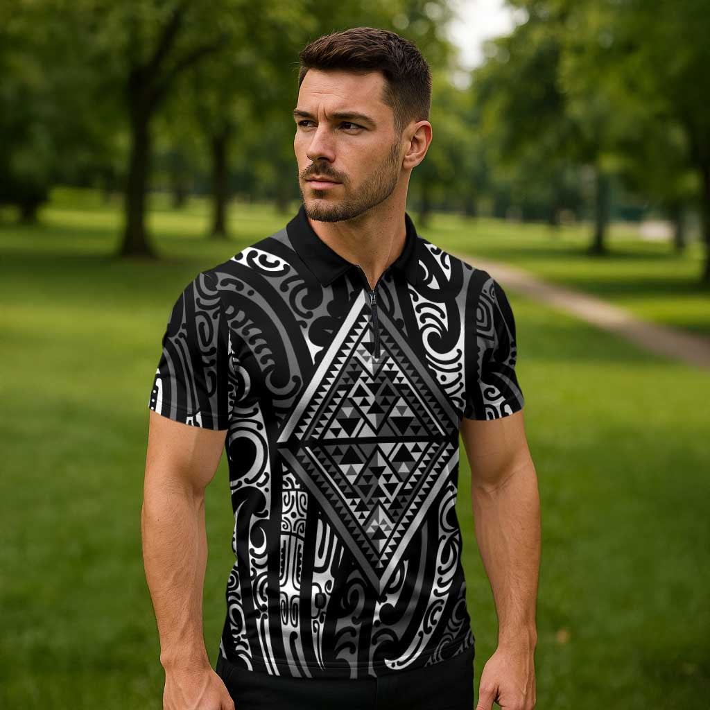 New Zealand Maori Taniko Zipper Polo Shirt Black Kowhaiwhai Puhoro - Polynesian Pride