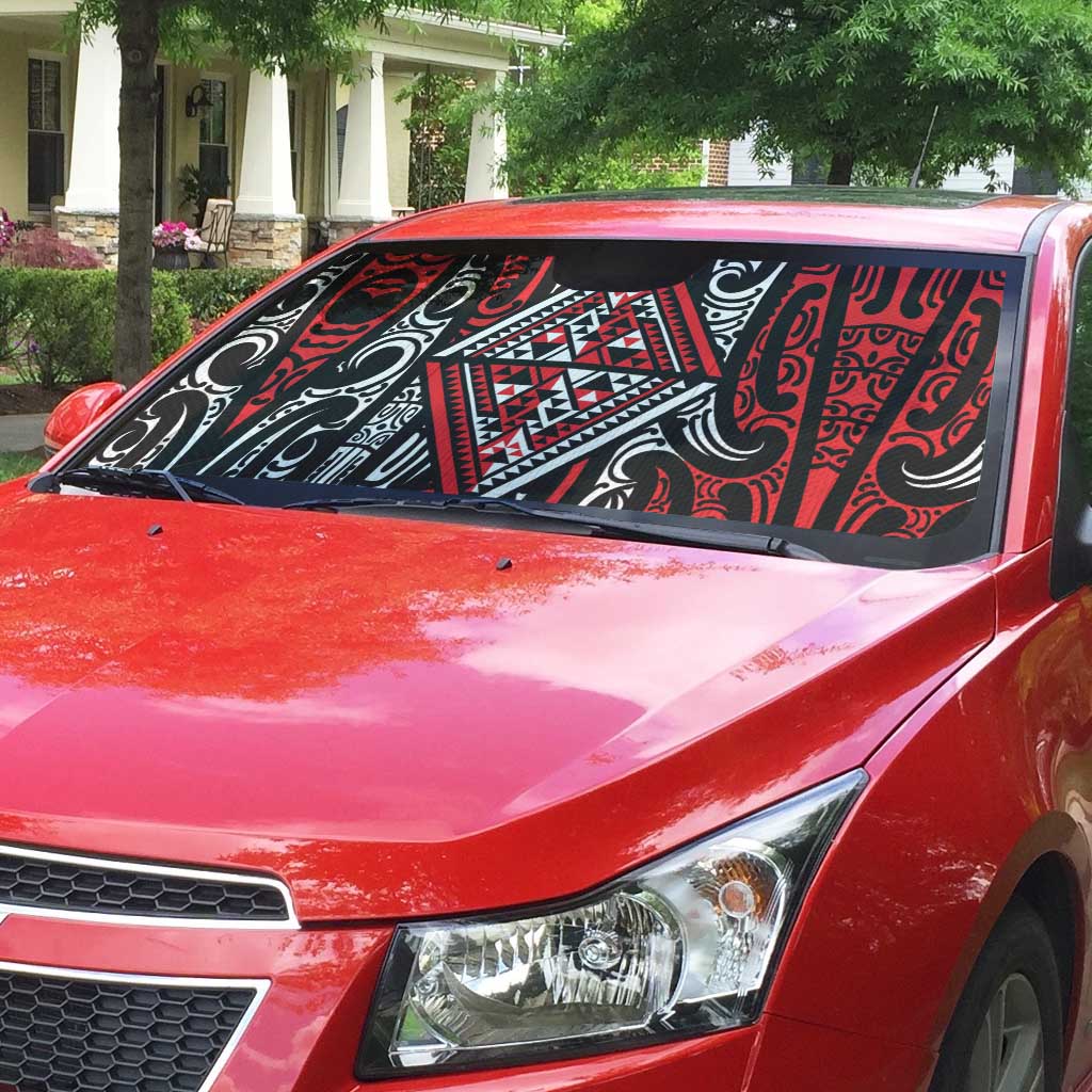 New Zealand Maori Taniko Auto Sun Shade Red Kowhaiwhai Puhoro - Polynesian Pride
