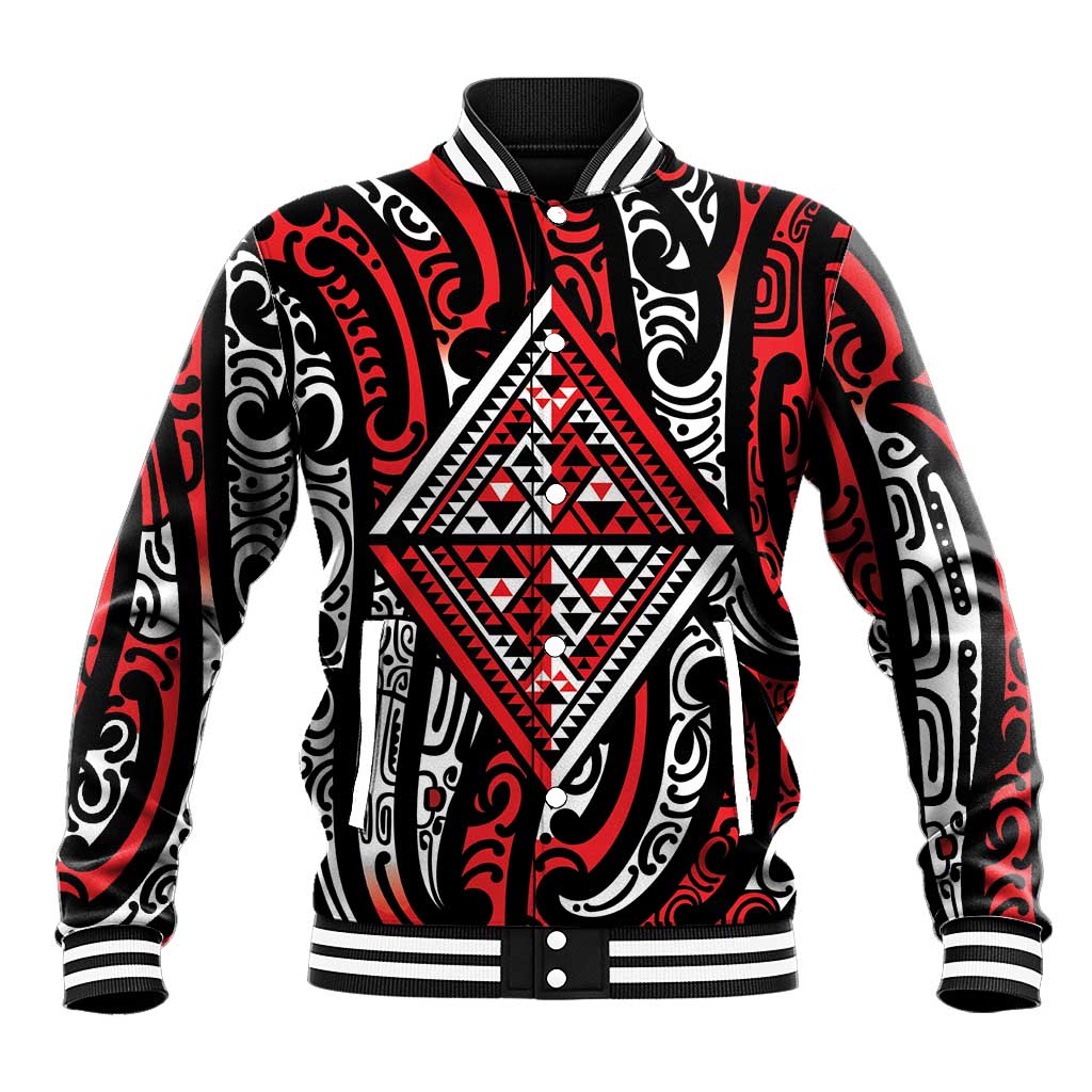 New Zealand Maori Taniko Baseball Jacket Red Kowhaiwhai Puhoro LT9 Unisex Red - Polynesian Pride