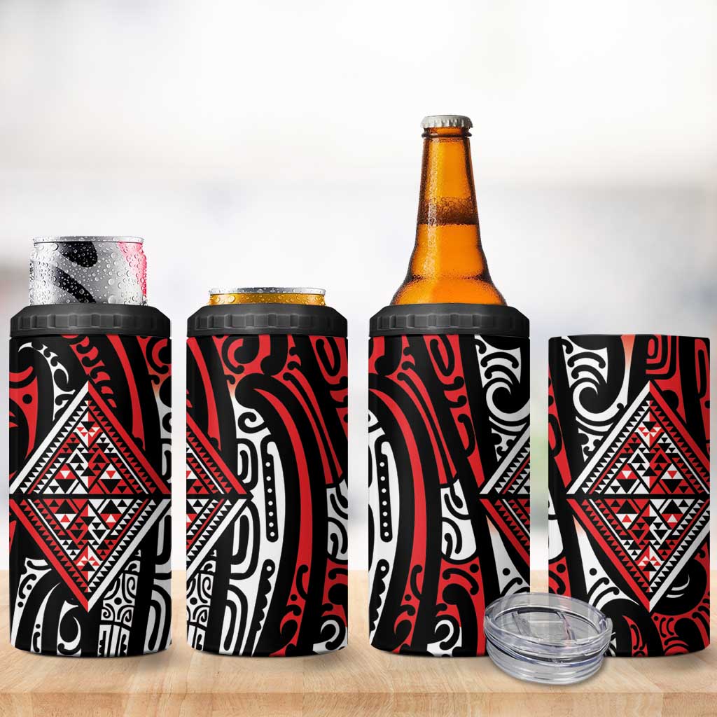 New Zealand Maori Taniko 4 in 1 Can Cooler Tumbler Red Kowhaiwhai Puhoro LT9 - Polynesian Pride