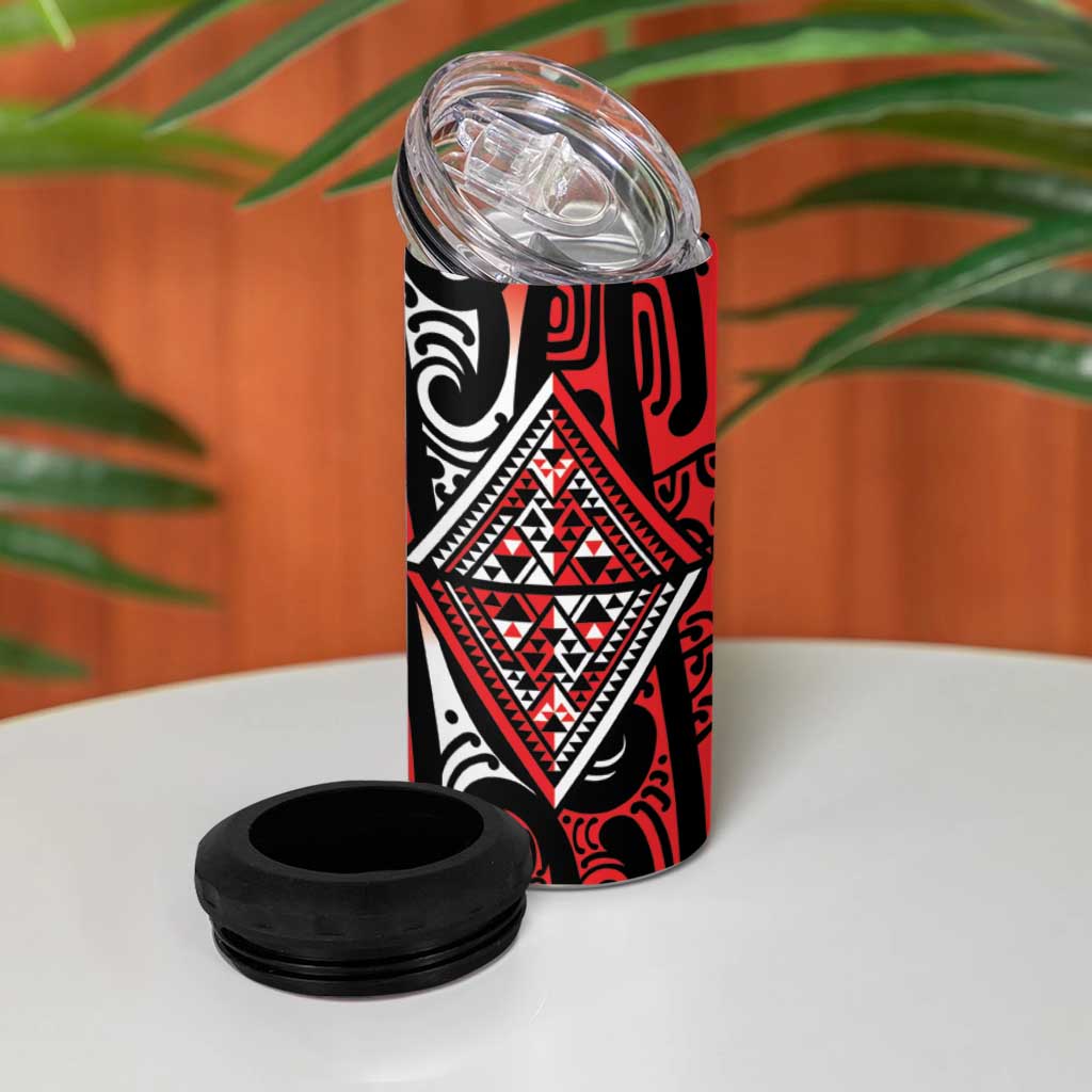 New Zealand Maori Taniko 4 in 1 Can Cooler Tumbler Red Kowhaiwhai Puhoro LT9 - Polynesian Pride