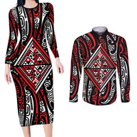 New Zealand Maori Taniko Couples Matching Long Sleeve Bodycon Dress and Long Sleeve Button Shirt Red Kowhaiwhai Puhoro LT9 Red - Polynesian Pride