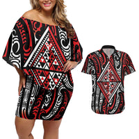New Zealand Maori Taniko Couples Matching Off Shoulder Short Dress and Hawaiian Shirt Red Kowhaiwhai Puhoro LT9 Red - Polynesian Pride