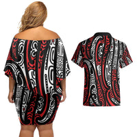 New Zealand Maori Taniko Couples Matching Off Shoulder Short Dress and Hawaiian Shirt Red Kowhaiwhai Puhoro LT9 - Polynesian Pride