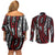 New Zealand Maori Taniko Couples Matching Off Shoulder Short Dress and Long Sleeve Button Shirt Red Kowhaiwhai Puhoro