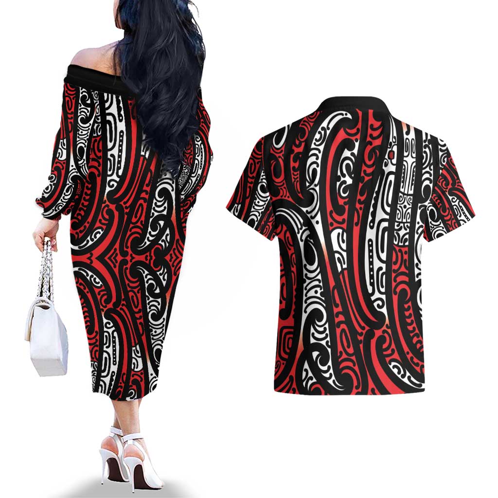 New Zealand Maori Taniko Couples Matching Off The Shoulder Long Sleeve Dress and Hawaiian Shirt Red Kowhaiwhai Puhoro LT9 - Polynesian Pride