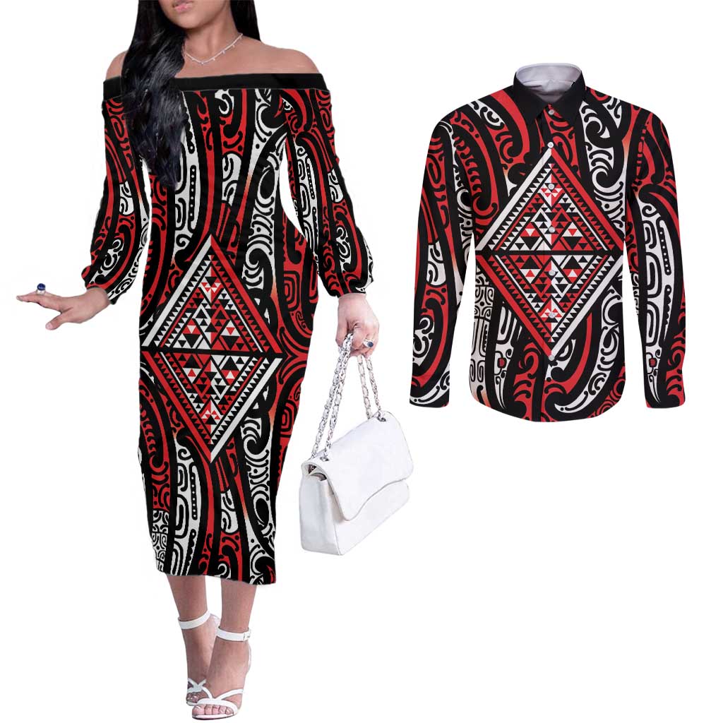 New Zealand Maori Taniko Couples Matching Off The Shoulder Long Sleeve Dress and Long Sleeve Button Shirt Red Kowhaiwhai Puhoro