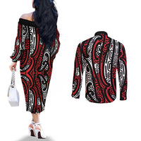 New Zealand Maori Taniko Couples Matching Off The Shoulder Long Sleeve Dress and Long Sleeve Button Shirt Red Kowhaiwhai Puhoro LT9 - Polynesian Pride