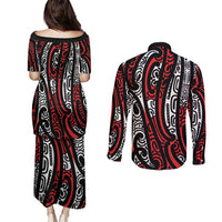 New Zealand Maori Taniko Couples Matching Puletasi and Long Sleeve Button Shirt Red Kowhaiwhai Puhoro LT9 - Polynesian Pride