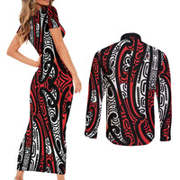 New Zealand Maori Taniko Couples Matching Short Sleeve Bodycon Dress and Long Sleeve Button Shirt Red Kowhaiwhai Puhoro LT9 - Polynesian Pride
