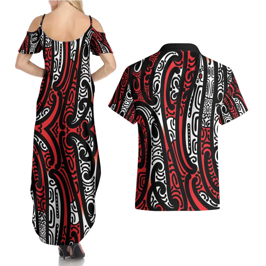 New Zealand Maori Taniko Couples Matching Summer Maxi Dress and Hawaiian Shirt Red Kowhaiwhai Puhoro LT9 - Polynesian Pride