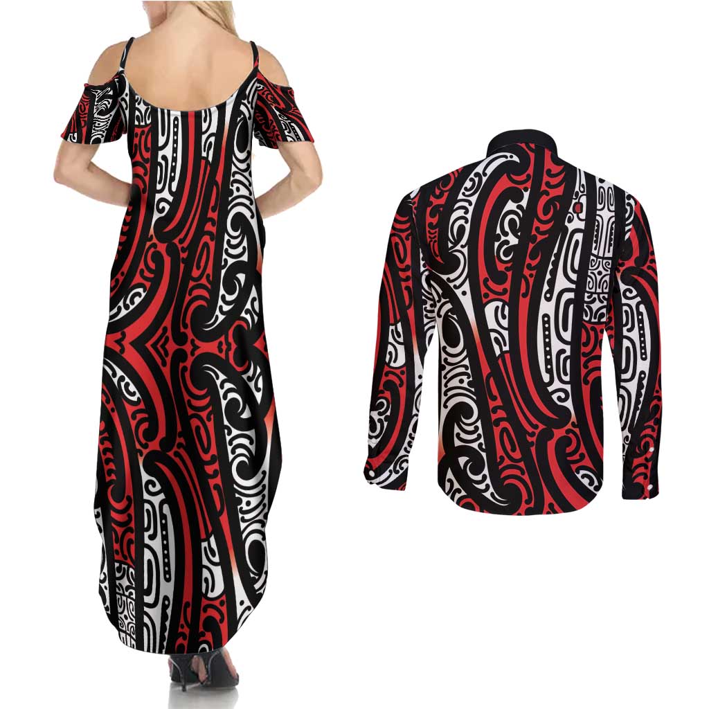 New Zealand Maori Taniko Couples Matching Summer Maxi Dress and Long Sleeve Button Shirt Red Kowhaiwhai Puhoro LT9 - Polynesian Pride