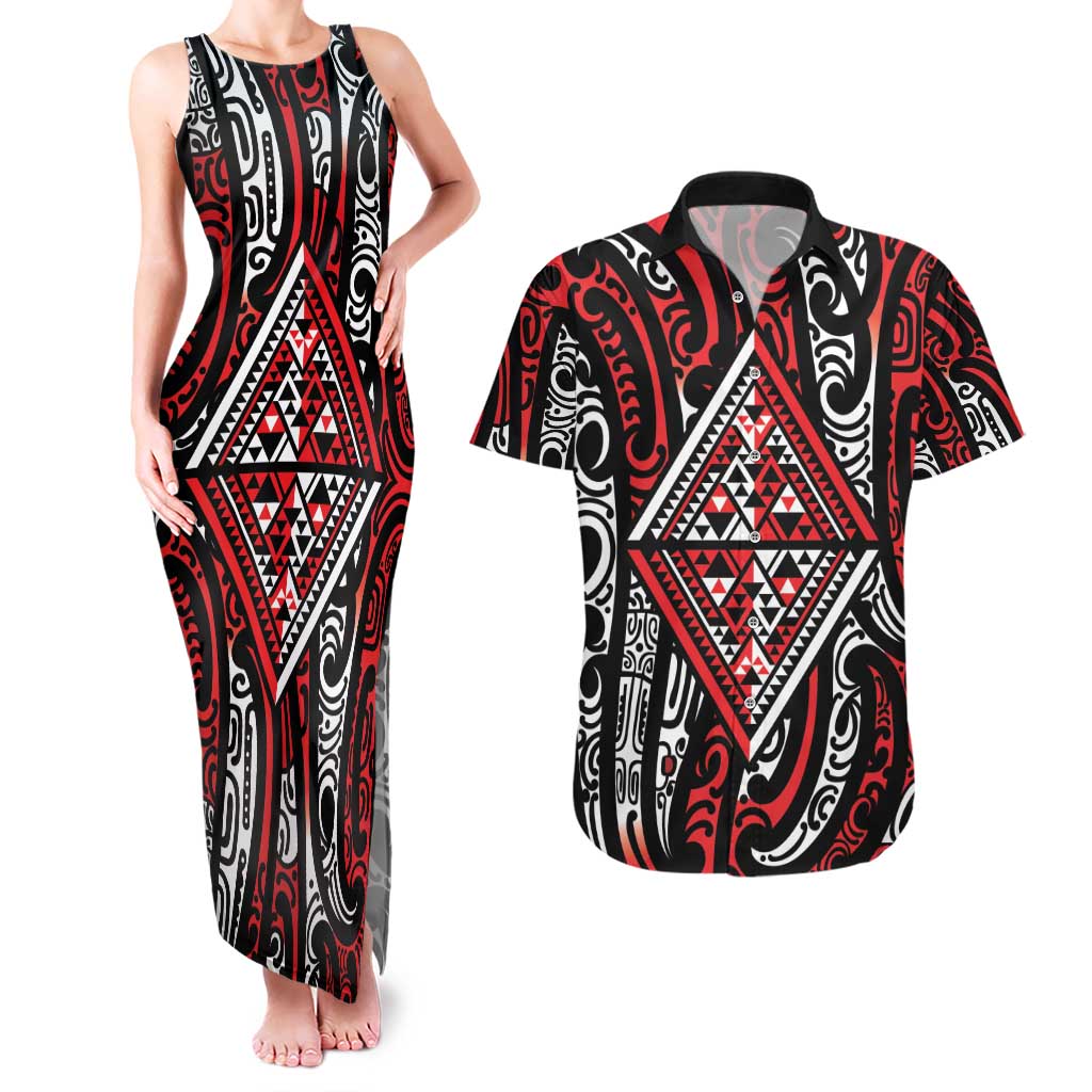 New Zealand Maori Taniko Couples Matching Tank Maxi Dress and Hawaiian Shirt Red Kowhaiwhai Puhoro