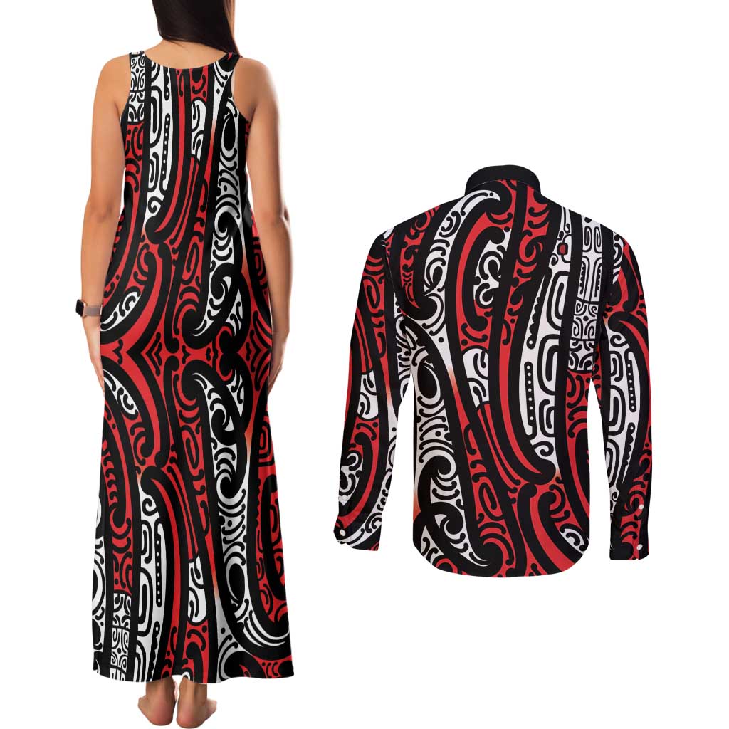 New Zealand Maori Taniko Couples Matching Tank Maxi Dress and Long Sleeve Button Shirt Red Kowhaiwhai Puhoro LT9 - Polynesian Pride