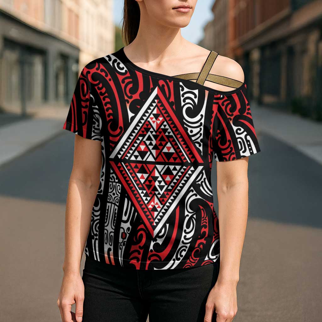 New Zealand Maori Taniko Cross Shoulder Shirt Red Kowhaiwhai Puhoro - Polynesian Pride