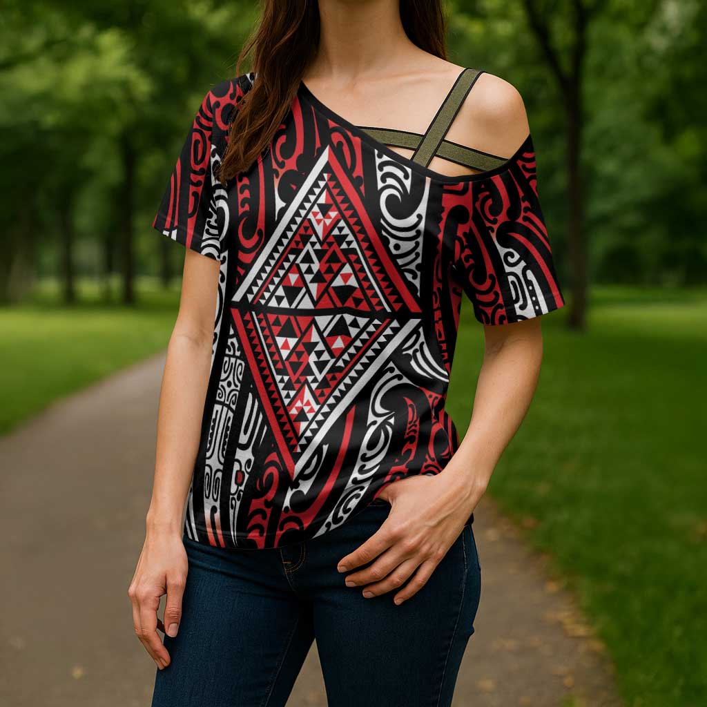 New Zealand Maori Taniko Cross Shoulder Shirt Red Kowhaiwhai Puhoro - Polynesian Pride