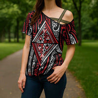 New Zealand Maori Taniko Cross Shoulder Shirt Red Kowhaiwhai Puhoro - Polynesian Pride