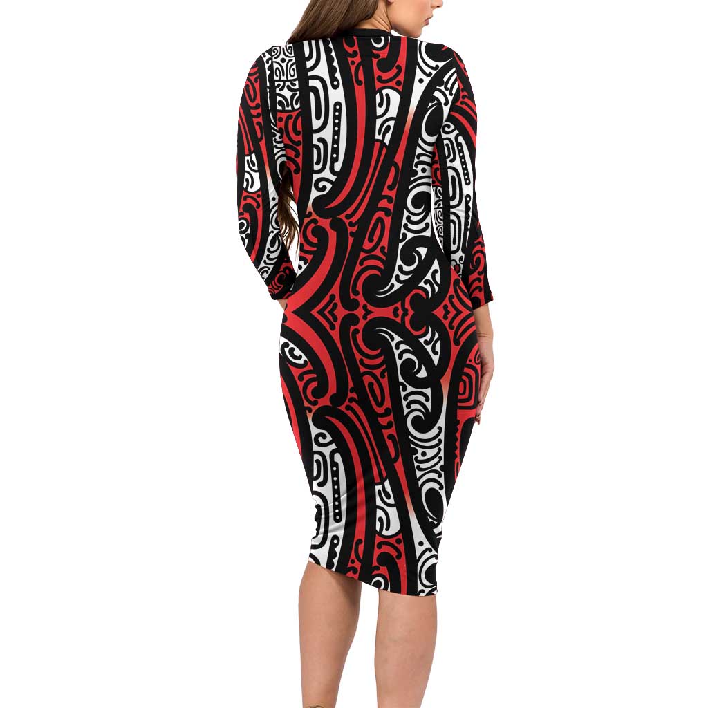 New Zealand Maori Taniko Family Matching Long Sleeve Bodycon Dress and Hawaiian Shirt Red Kowhaiwhai Puhoro