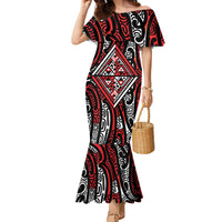 New Zealand Maori Taniko Family Matching Mermaid Dress and Hawaiian Shirt Red Kowhaiwhai Puhoro