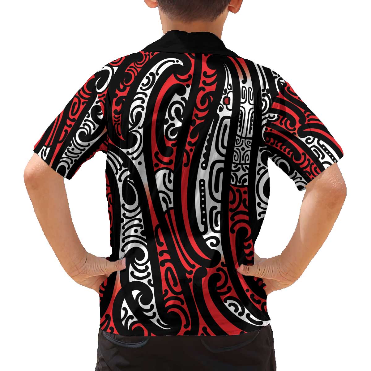 New Zealand Maori Taniko Family Matching Off The Shoulder Long Sleeve Dress and Hawaiian Shirt Red Kowhaiwhai Puhoro LT9 - Polynesian Pride