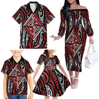 New Zealand Maori Taniko Family Matching Off The Shoulder Long Sleeve Dress and Hawaiian Shirt Red Kowhaiwhai Puhoro LT9 - Polynesian Pride