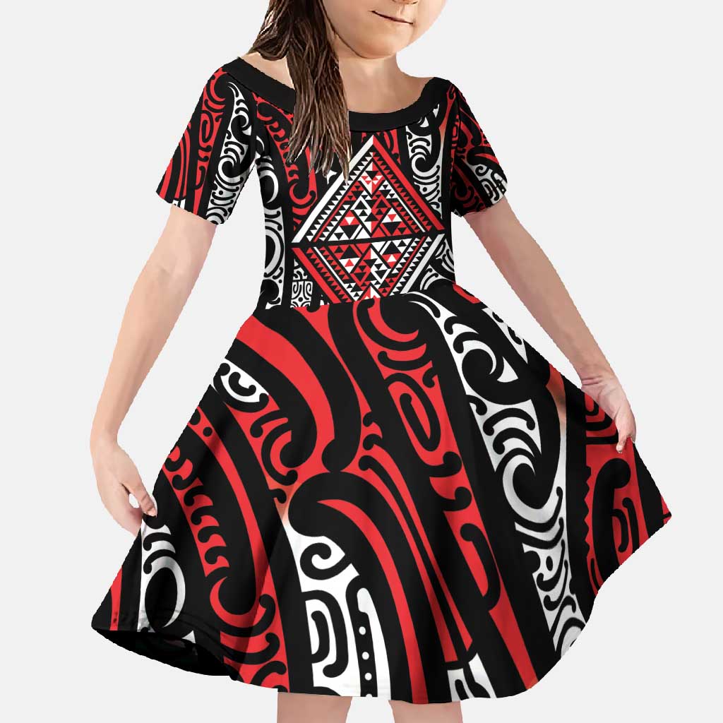New Zealand Maori Taniko Family Matching Off Shoulder Maxi Dress and Hawaiian Shirt Red Kowhaiwhai Puhoro LT9 Daughter's Dress Red - Polynesian Pride