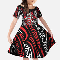 New Zealand Maori Taniko Family Matching Off Shoulder Maxi Dress and Hawaiian Shirt Red Kowhaiwhai Puhoro LT9 Daughter's Dress Red - Polynesian Pride