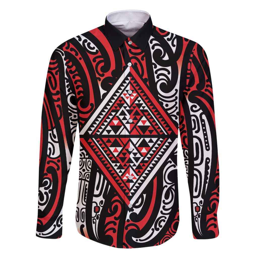 New Zealand Maori Taniko Family Matching Off Shoulder Maxi Dress and Hawaiian Shirt Red Kowhaiwhai Puhoro LT9 Dad's Shirt - Long Sleeve Red - Polynesian Pride