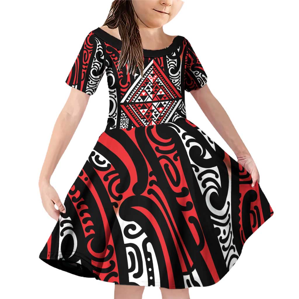 New Zealand Maori Taniko Family Matching Off Shoulder Short Dress and Hawaiian Shirt Red Kowhaiwhai Puhoro LT9 Daughter's Dress Red - Polynesian Pride