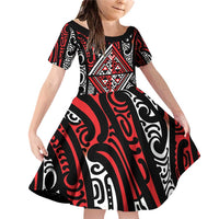 New Zealand Maori Taniko Family Matching Off Shoulder Short Dress and Hawaiian Shirt Red Kowhaiwhai Puhoro LT9 Daughter's Dress Red - Polynesian Pride