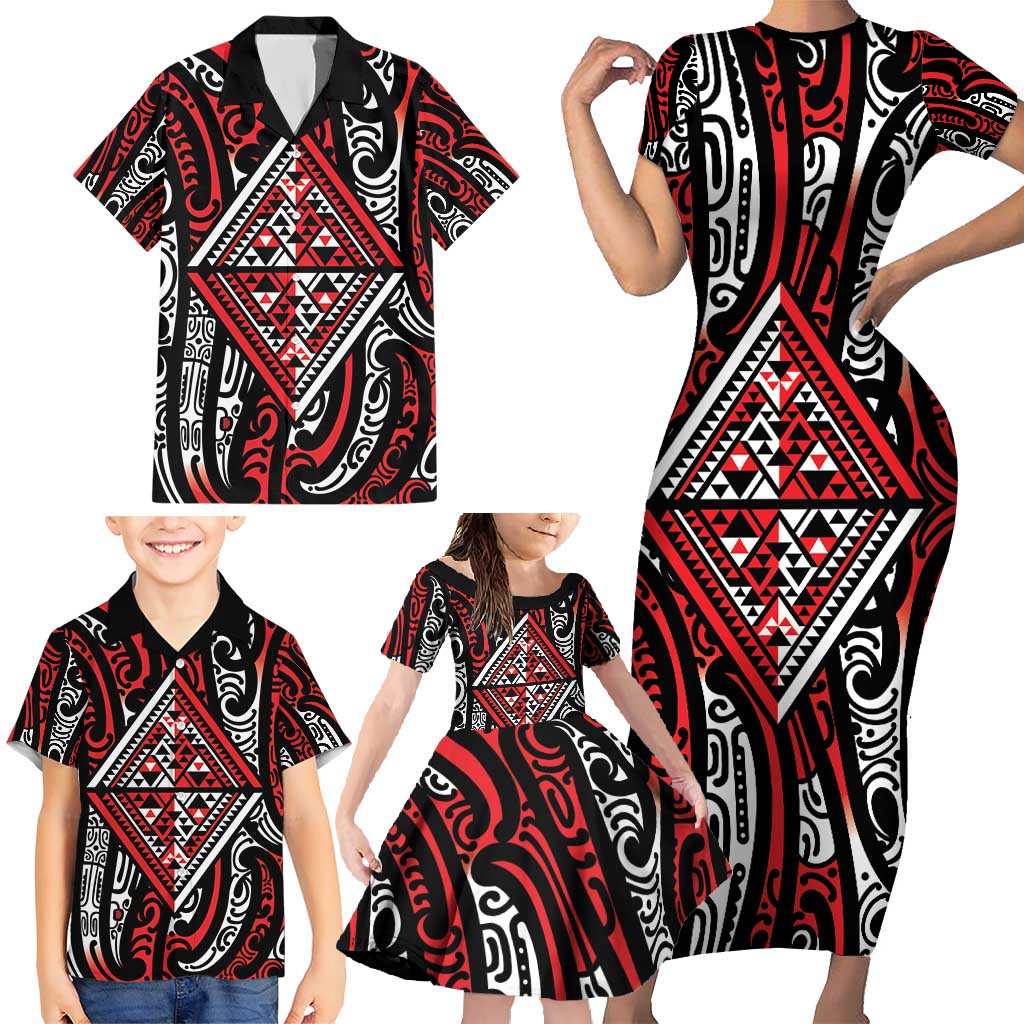 New Zealand Maori Taniko Family Matching Short Sleeve Bodycon Dress and Hawaiian Shirt Red Kowhaiwhai Puhoro