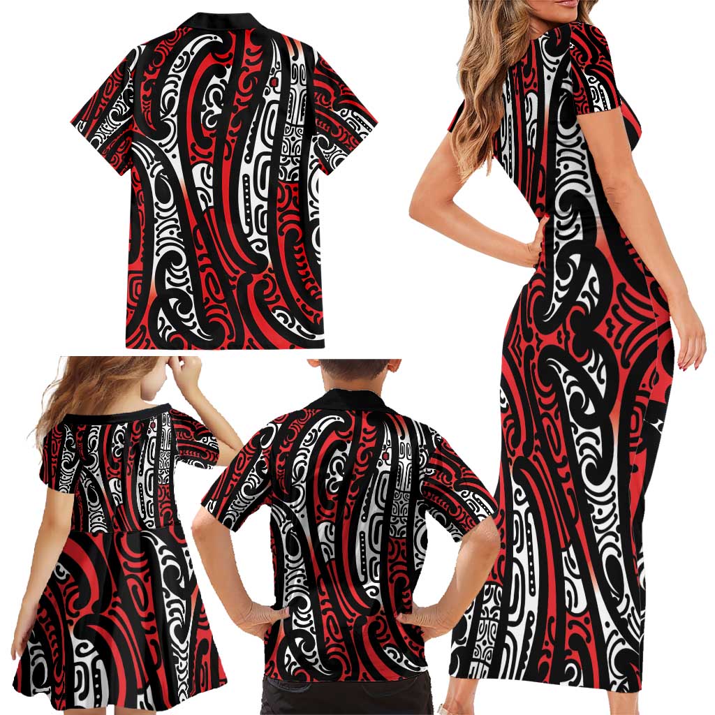 New Zealand Maori Taniko Family Matching Short Sleeve Bodycon Dress and Hawaiian Shirt Red Kowhaiwhai Puhoro