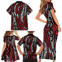 New Zealand Maori Taniko Family Matching Short Sleeve Bodycon Dress and Hawaiian Shirt Red Kowhaiwhai Puhoro