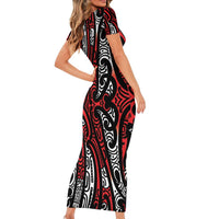 New Zealand Maori Taniko Family Matching Short Sleeve Bodycon Dress and Hawaiian Shirt Red Kowhaiwhai Puhoro