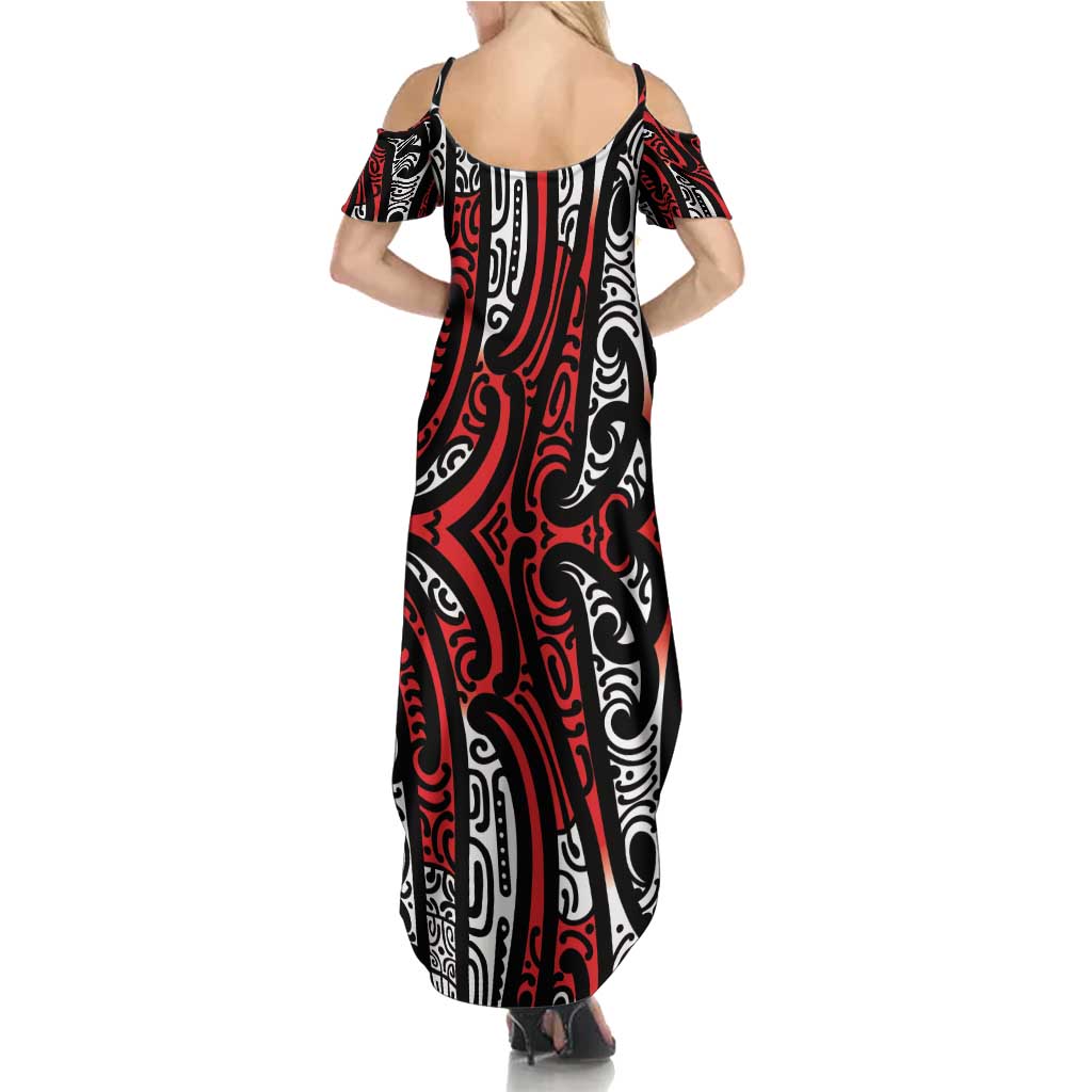 New Zealand Maori Taniko Family Matching Summer Maxi Dress and Hawaiian Shirt Red Kowhaiwhai Puhoro LT9 - Polynesian Pride