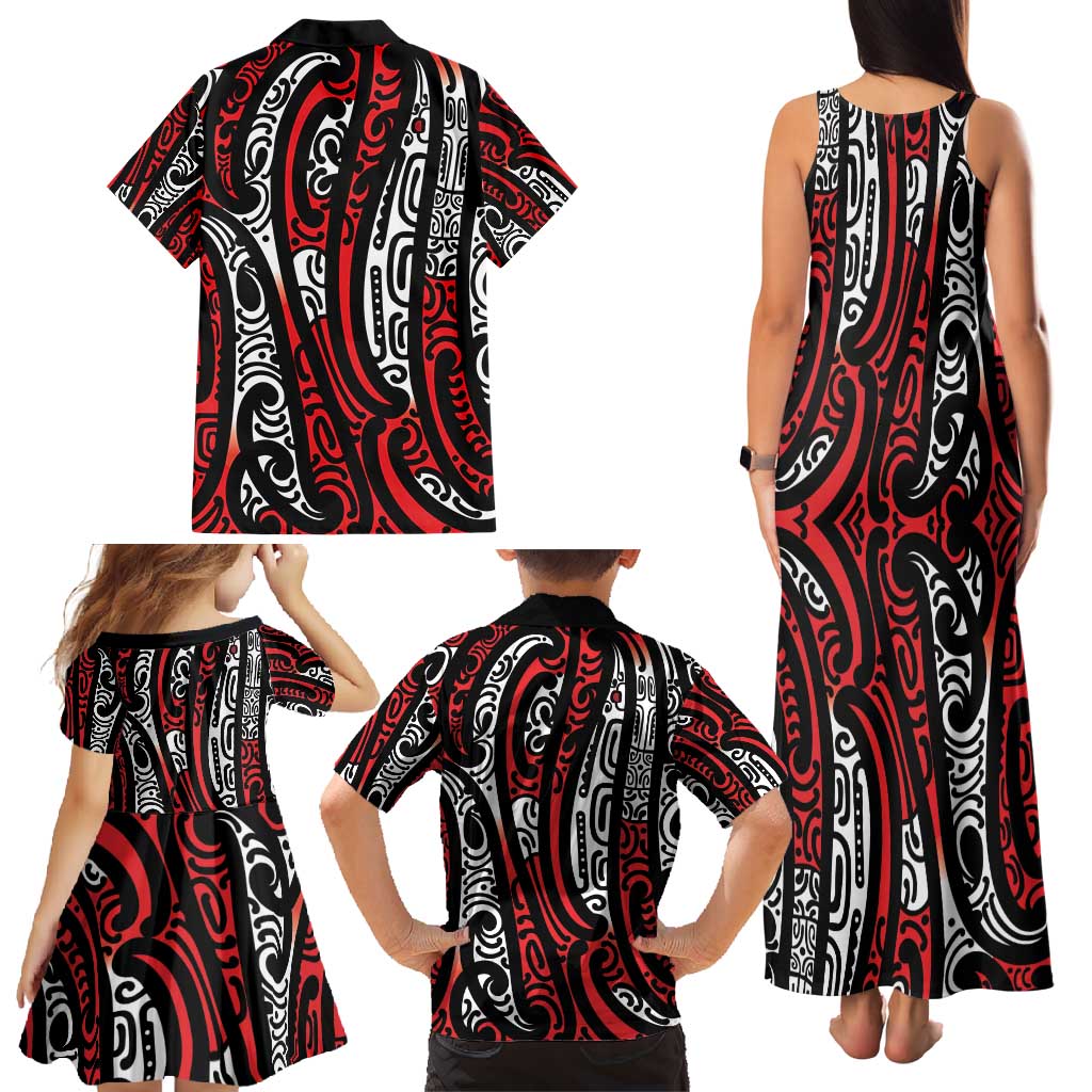 New Zealand Maori Taniko Family Matching Tank Maxi Dress and Hawaiian Shirt Red Kowhaiwhai Puhoro