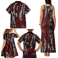 New Zealand Maori Taniko Family Matching Tank Maxi Dress and Hawaiian Shirt Red Kowhaiwhai Puhoro