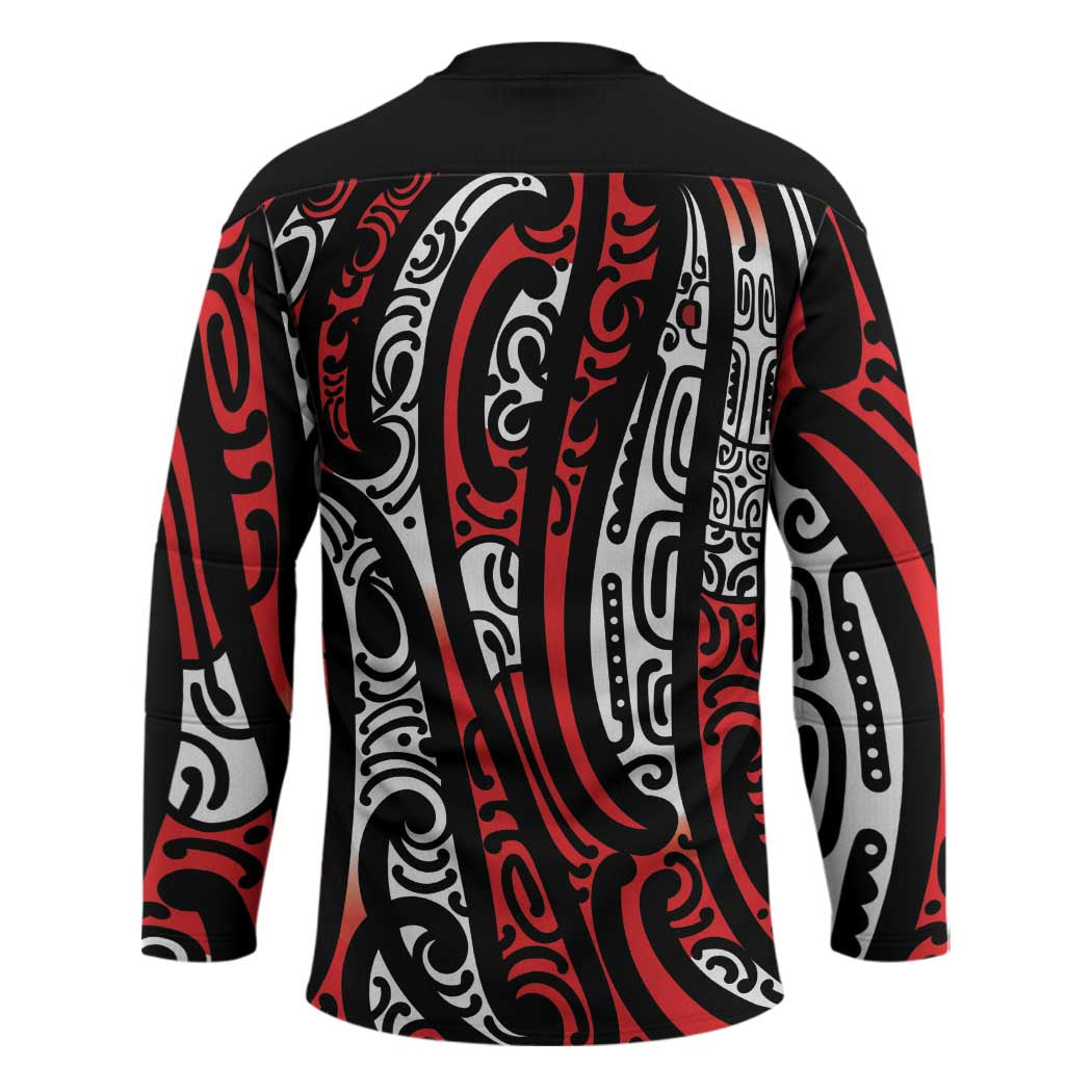 New Zealand Maori Taniko Hockey Jersey Red Kowhaiwhai Puhoro - Polynesian Pride