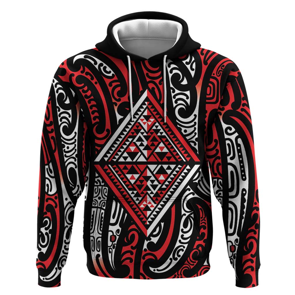New Zealand Maori Taniko Hoodie Red Kowhaiwhai Puhoro