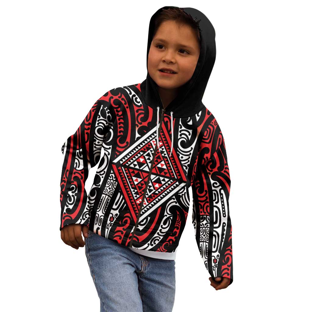 New Zealand Maori Taniko Kid Hoodie Red Kowhaiwhai Puhoro