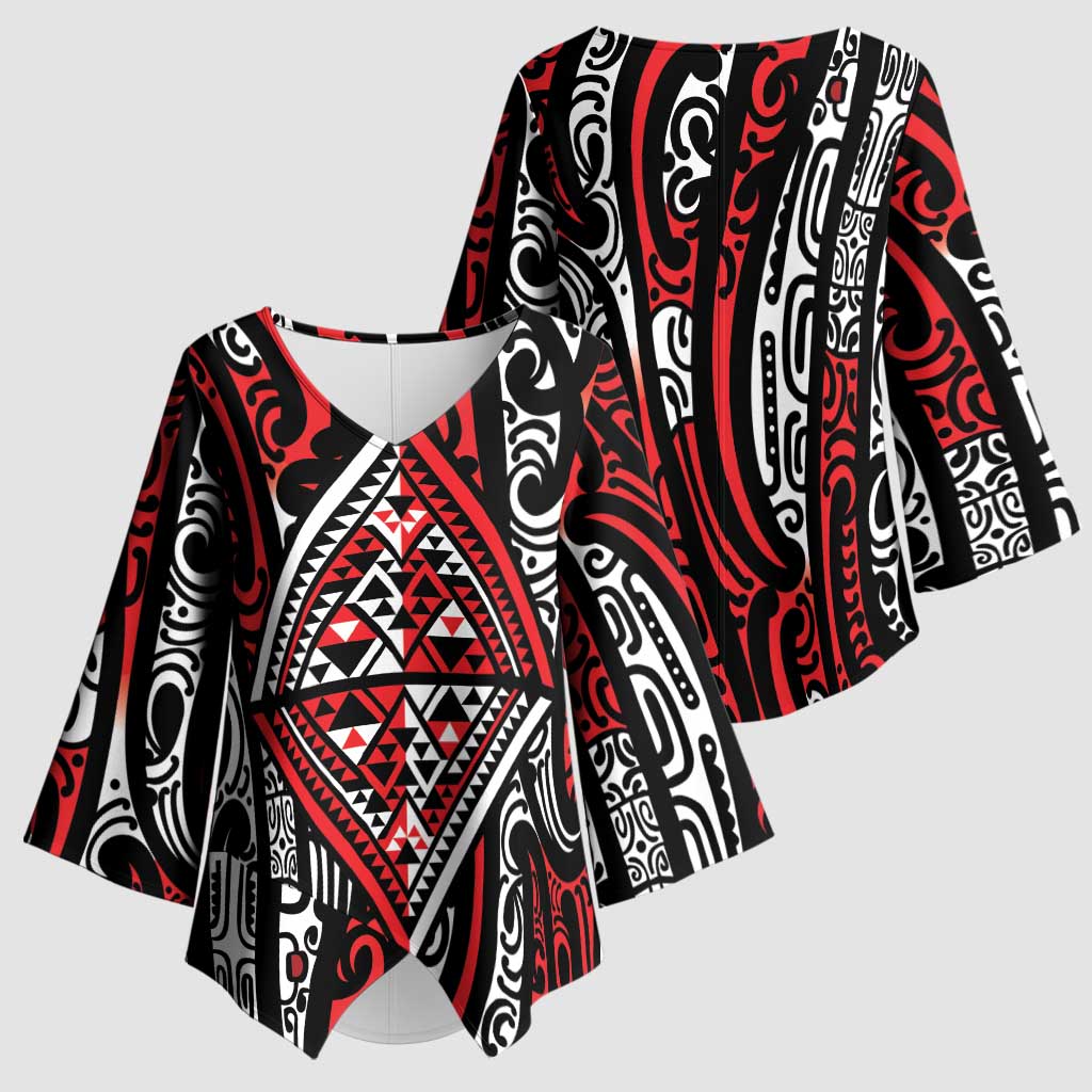 New Zealand Maori Taniko Kimono Sleeve Blouse Red Kowhaiwhai Puhoro - Polynesian Pride