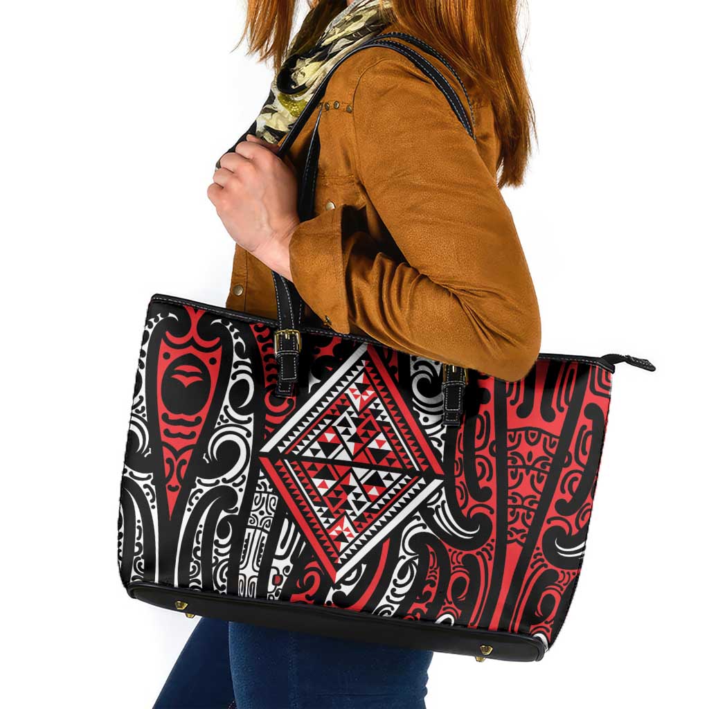New Zealand Maori Taniko Leather Tote Bag Red Kowhaiwhai Puhoro