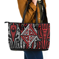 New Zealand Maori Taniko Leather Tote Bag Red Kowhaiwhai Puhoro
