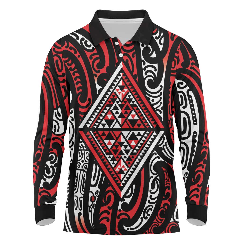 New Zealand Maori Taniko Long Sleeve Polo Shirt Red Kowhaiwhai Puhoro
