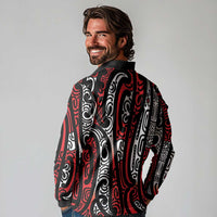 New Zealand Maori Taniko Long Sleeve Polo Shirt Red Kowhaiwhai Puhoro