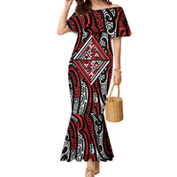 New Zealand Maori Taniko Mermaid Dress Red Kowhaiwhai Puhoro