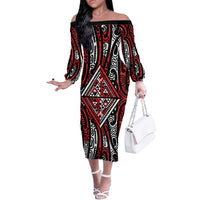 New Zealand Maori Taniko Off The Shoulder Long Sleeve Dress Red Kowhaiwhai Puhoro LT9 Women Red - Polynesian Pride