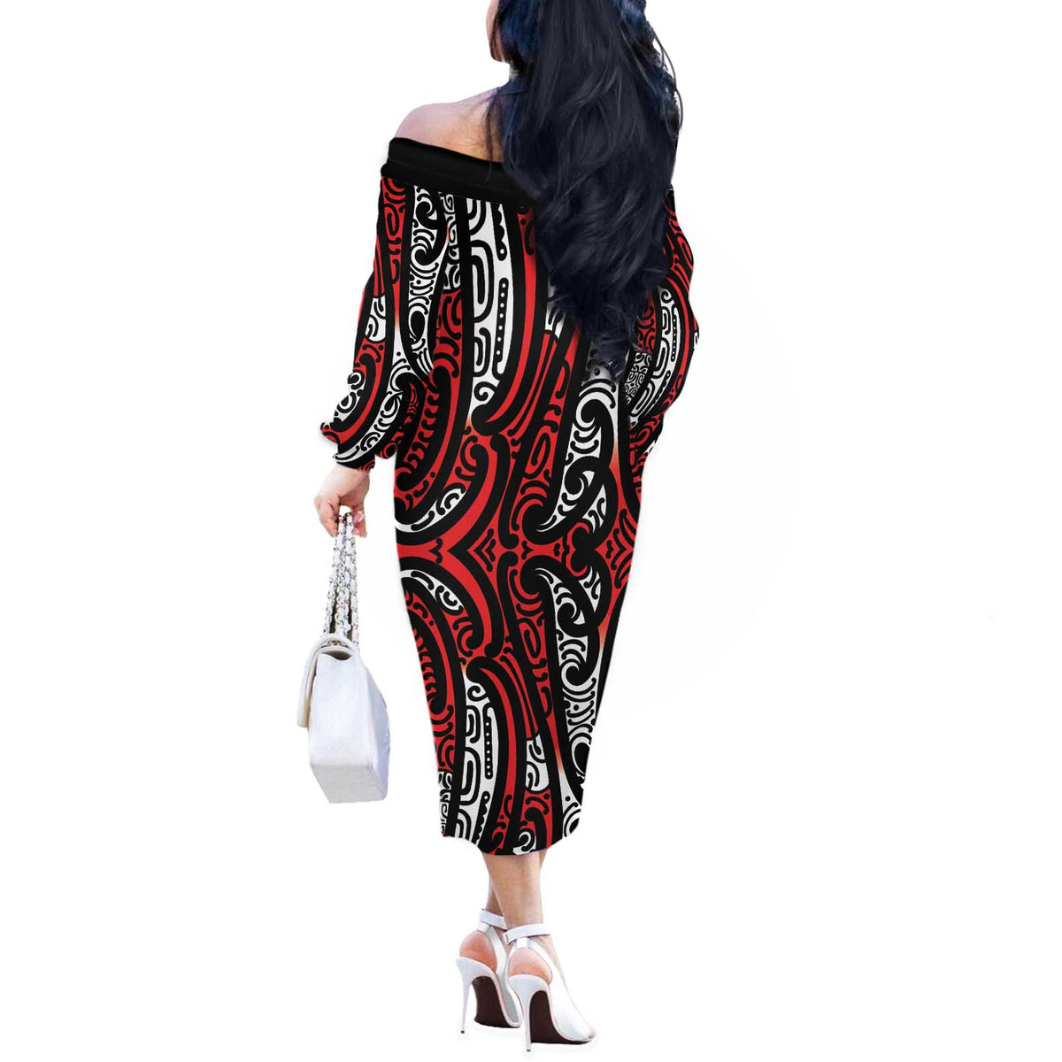 New Zealand Maori Taniko Off The Shoulder Long Sleeve Dress Red Kowhaiwhai Puhoro LT9 - Polynesian Pride