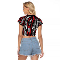 New Zealand Maori Taniko Raglan Cropped T Shirt Red Kowhaiwhai Puhoro